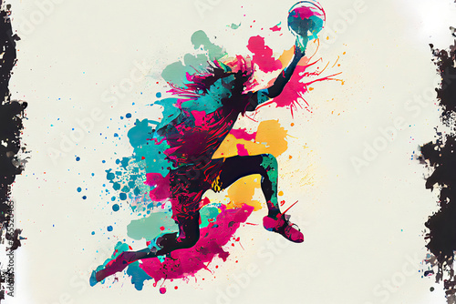 Abstract handball player jumping with the ball from splash of watercolors