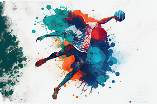 Billede på lærred Abstract handball player jumping with the ball from splash of watercolors
