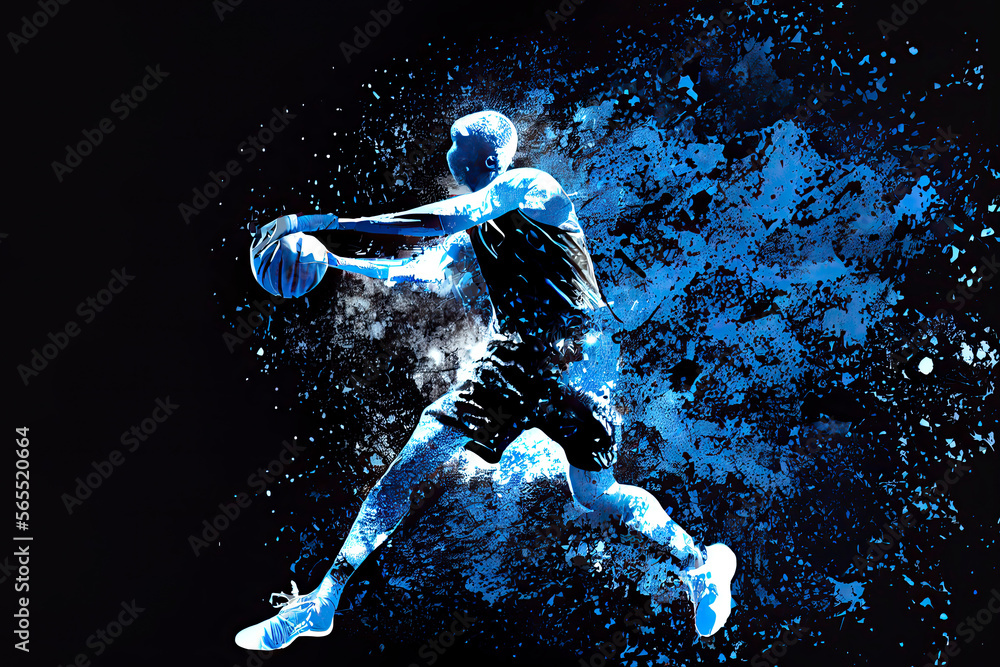 Fototapeta premium Abstract silhouette of a basketball player man in action isolated blue background