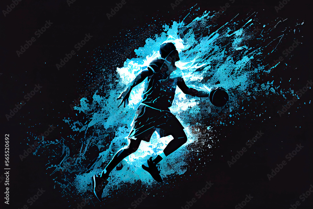 Abstract silhouette of a basketball player man in action isolated blue background