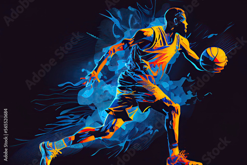 Abstract silhouette of a basketball player man in action isolated blue background © surassawadee