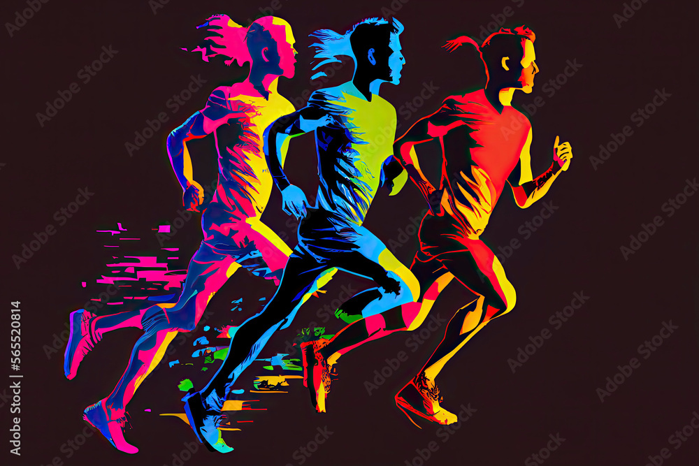 running athletes, sport and competition background with motion color effects of tirangle splints