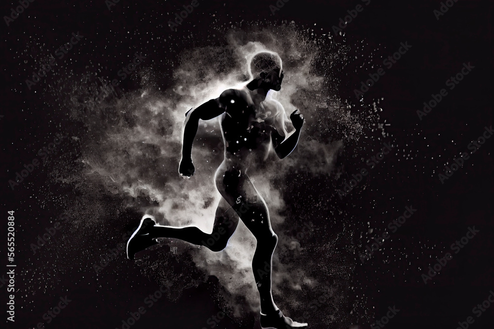 Abstract silhouette of a running athlete man on the dark, black background Abstract silhouette of a running athlete man on the dark, black background