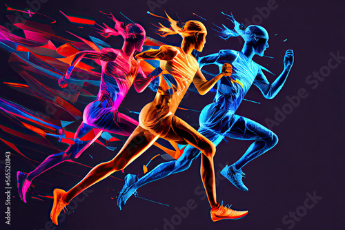 running athletes, sport and competition background with motion color effects of tirangle splints © surassawadee