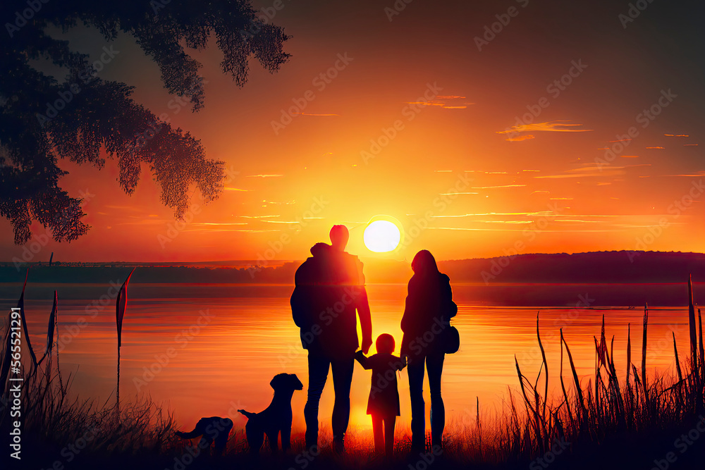 Obraz premium Happy family at sunset
