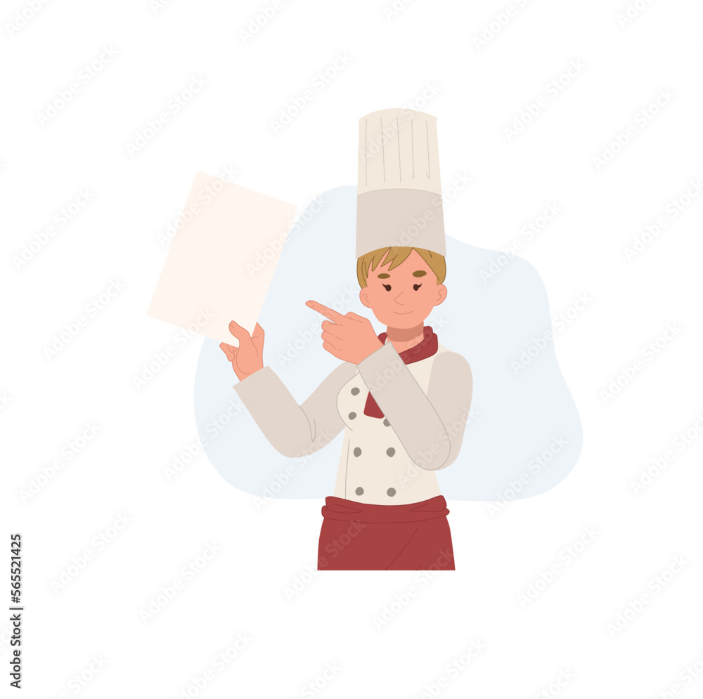 woman Chef with recommended menu,index finger pointing. Flat vector illustration woman Chef with recommended menu,index finger pointing. Flat vector illustration