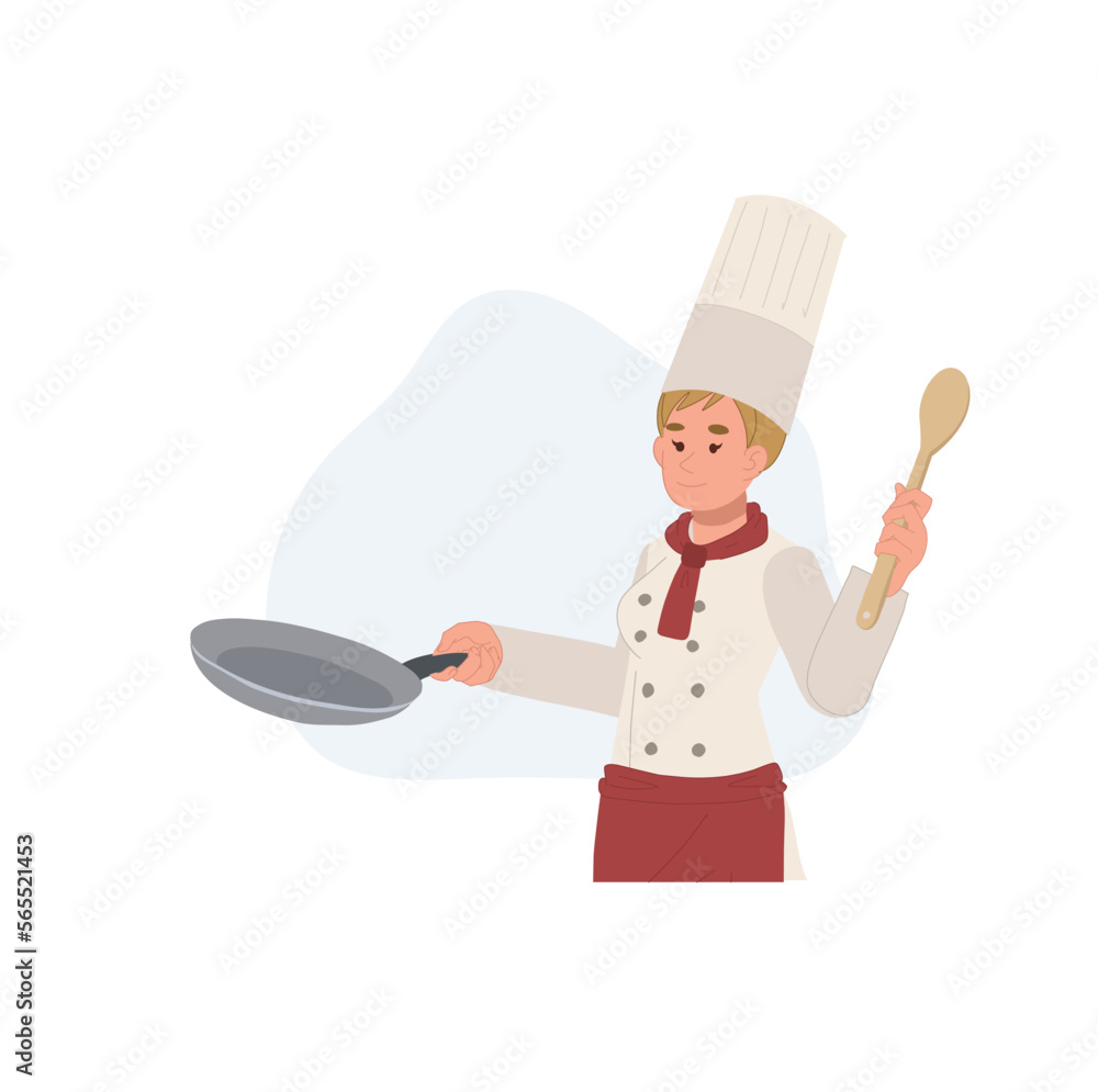 Confident chef woman holding pan is cooking food. Flat vector illustration Confident chef woman holding pan is cooking food. Flat vector illustration
