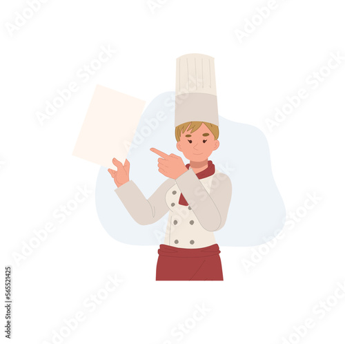 woman Chef with recommended menu,index finger pointing. Flat vector illustration