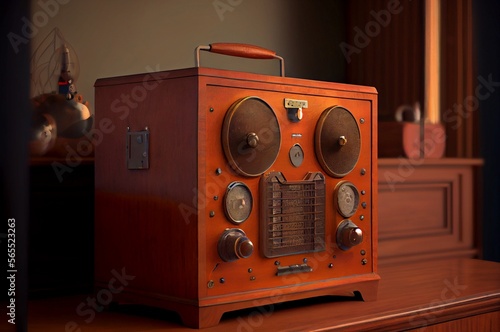 old radio on wooden background made with generative ai, vintage audio