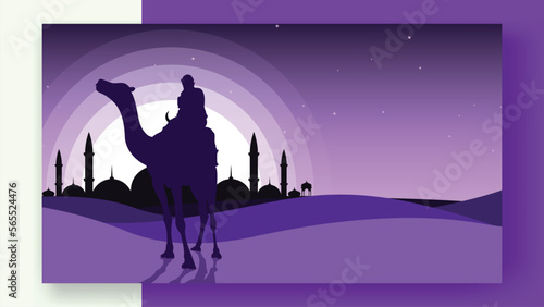 the night journey of prophet muhammad illustration background, isra miraj illustration good for website landing page, banner, wallpaper, greeting card