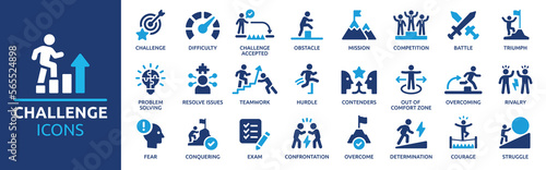 Challenge icon set. Containing mission, competition, obstacle, battle, problem solving, teamwork, overcoming and triumph icons. Solid icon collection. photo