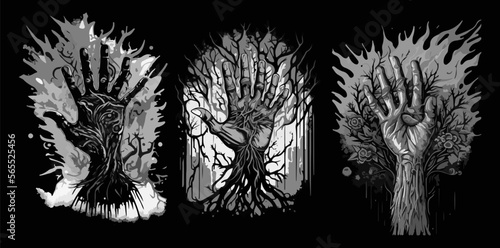 Vector hand drawn illustration of  hand. Psychedelic hand. Template for card, poster, banner, print for t-shirt.