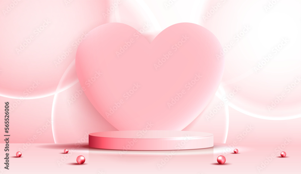 Pink podium display background products for valentine’s day in love platform. stand to show cosmetic with craft style. symbols of love for happy. vector design.