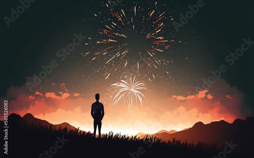 silhouette of a person standing on a hilltop, watching a fireworks display in the sky at twilight (AI Generated)