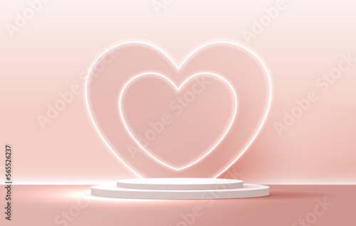 Pink podium display background products for valentine’s day in love platform. stand to show cosmetic with craft style. symbols of love for happy. vector design.