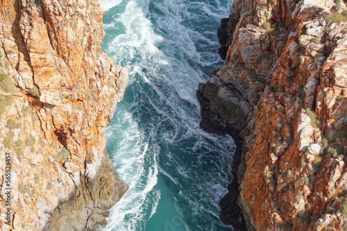 View from helicopter of the swirling waters Horizontal Falls.