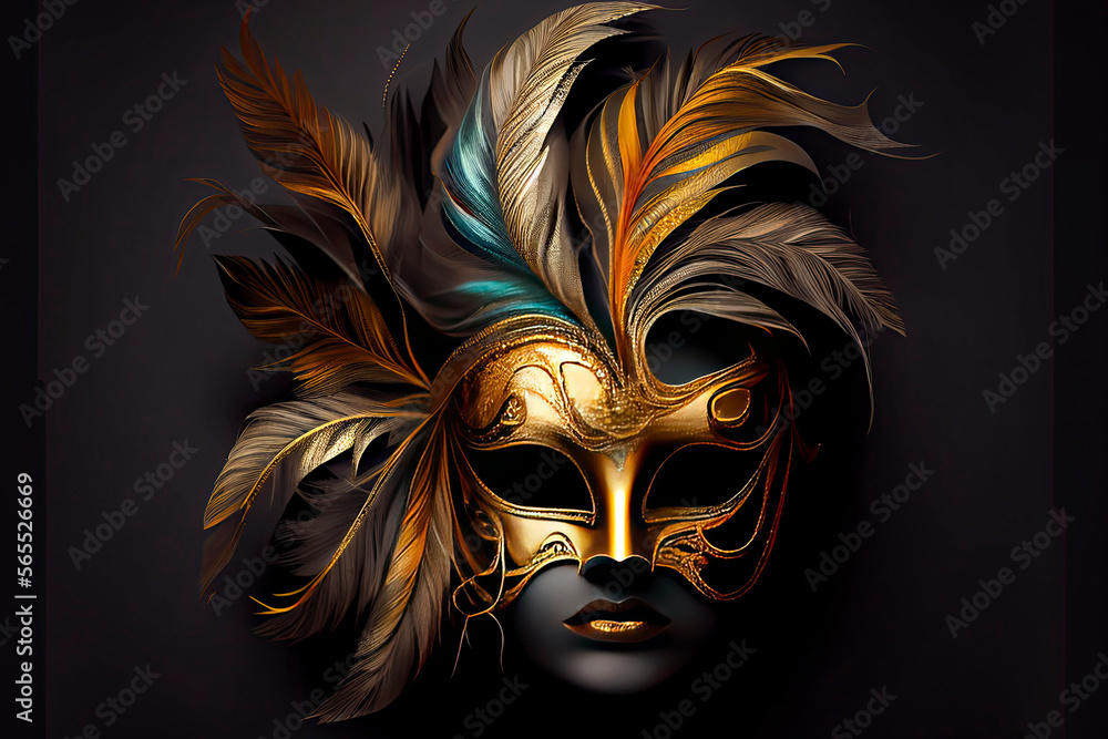 Naklejka premium Venetian carnival mask. Gold color, colored feathers. Happy carnival festival