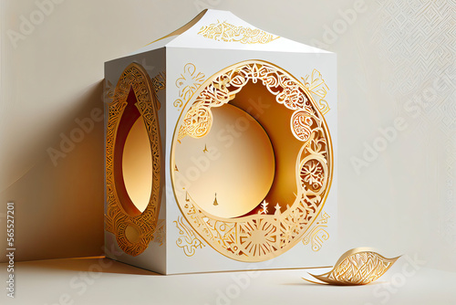 Islamic background, Gift box, lantern, gold crescent moon on white