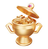 open golden cup with coins 3d rendering illustration