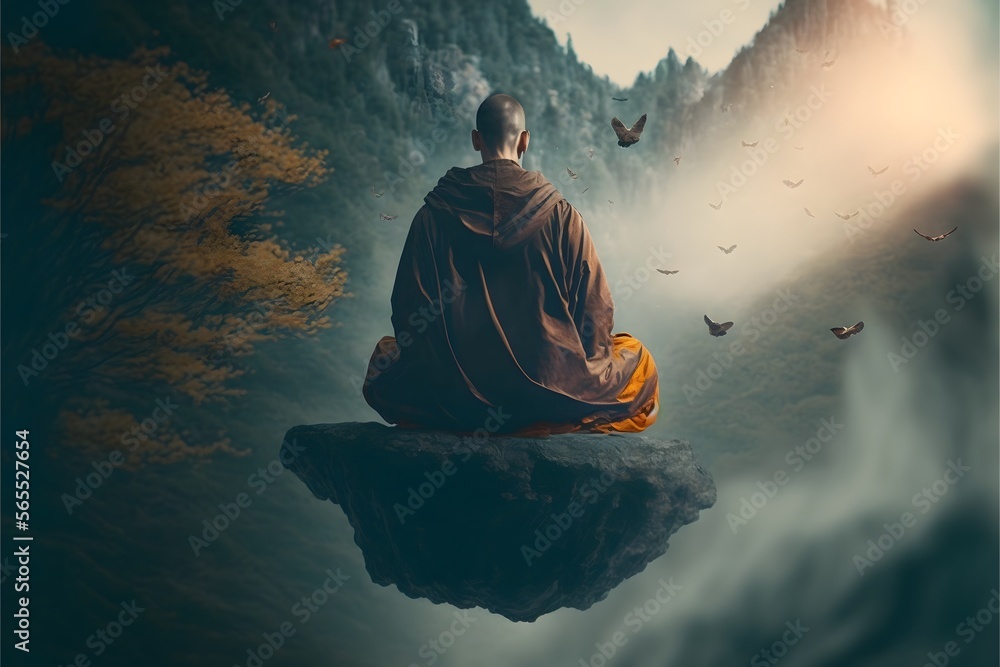 A monk levitating from the ground using magical powers gained through meditation - obrazy, fototapety, plakaty 