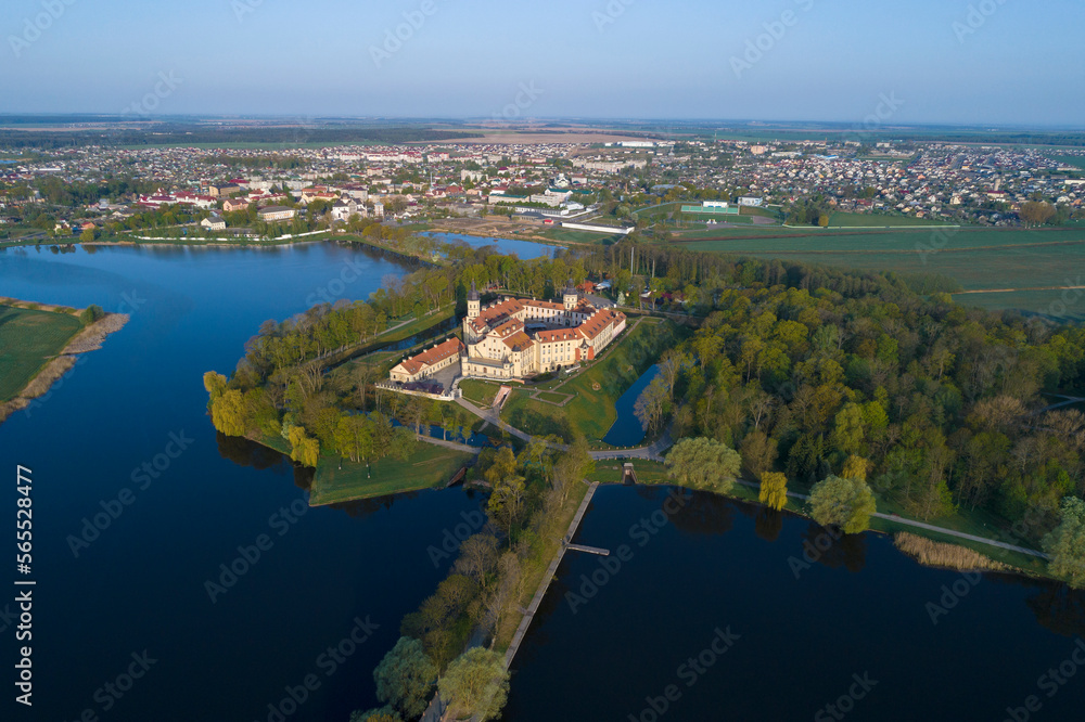 Panoramic landscape with Nesvizh castle on a sunny May day (aerial view). Belarus