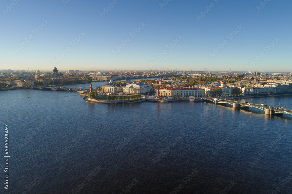 Spit of Vasilyevsky Island in a panoramic landscape on a sunny October morning (aerial view). Saint-Petersburg, Russia