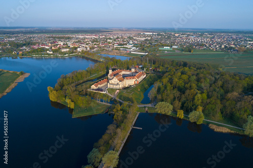 Panoramic landscape with Nesvizh castle on a sunny May day (aerial view). Belarus