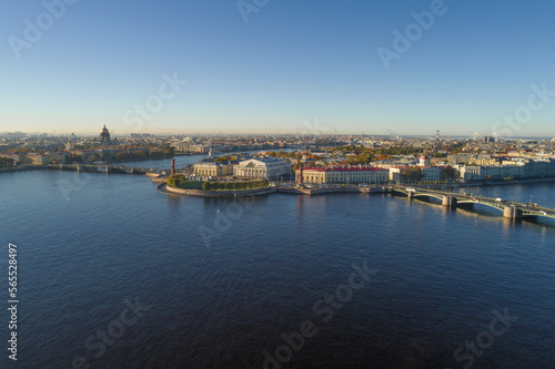Spit of Vasilyevsky Island in a panoramic landscape on a sunny October morning (aerial view). Saint-Petersburg, Russia © sikaraha