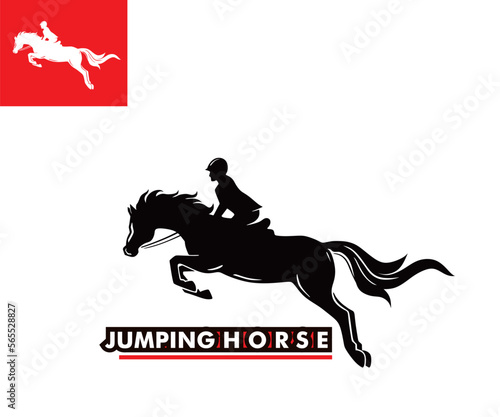 jumping horse and rider logo, silhouette of great stallion jump vector illustrations