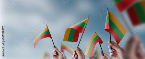 A group of people holding small flags of the Lithuania in their hands