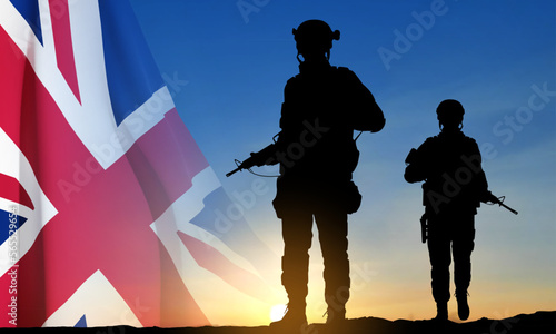 Silhouettes of soldiers with United Kingdom flag on background of sky. Background for Remembrance Day. United Kingdom Armed Forces concept. EPS10 vector