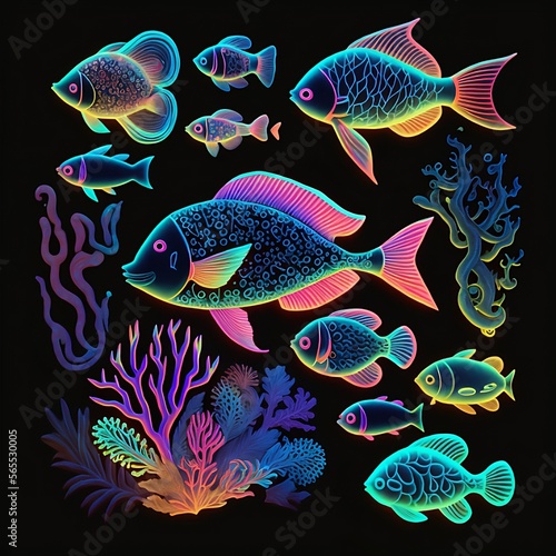 Assorted Glow Fish with Black Background