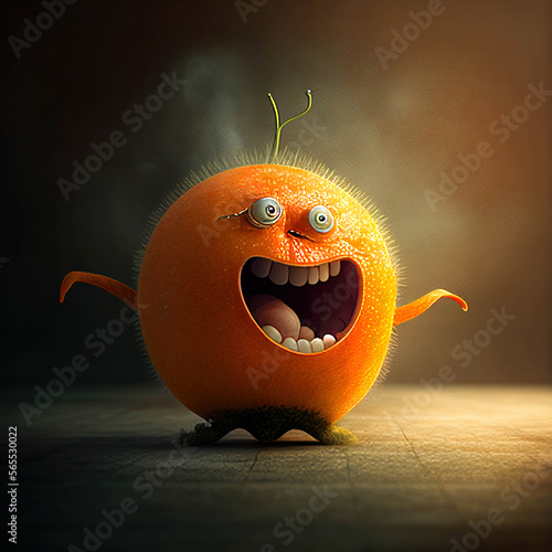 High detail emotive 3D animated cartoon character : Freaky Food - Over-excited Orange ai generated