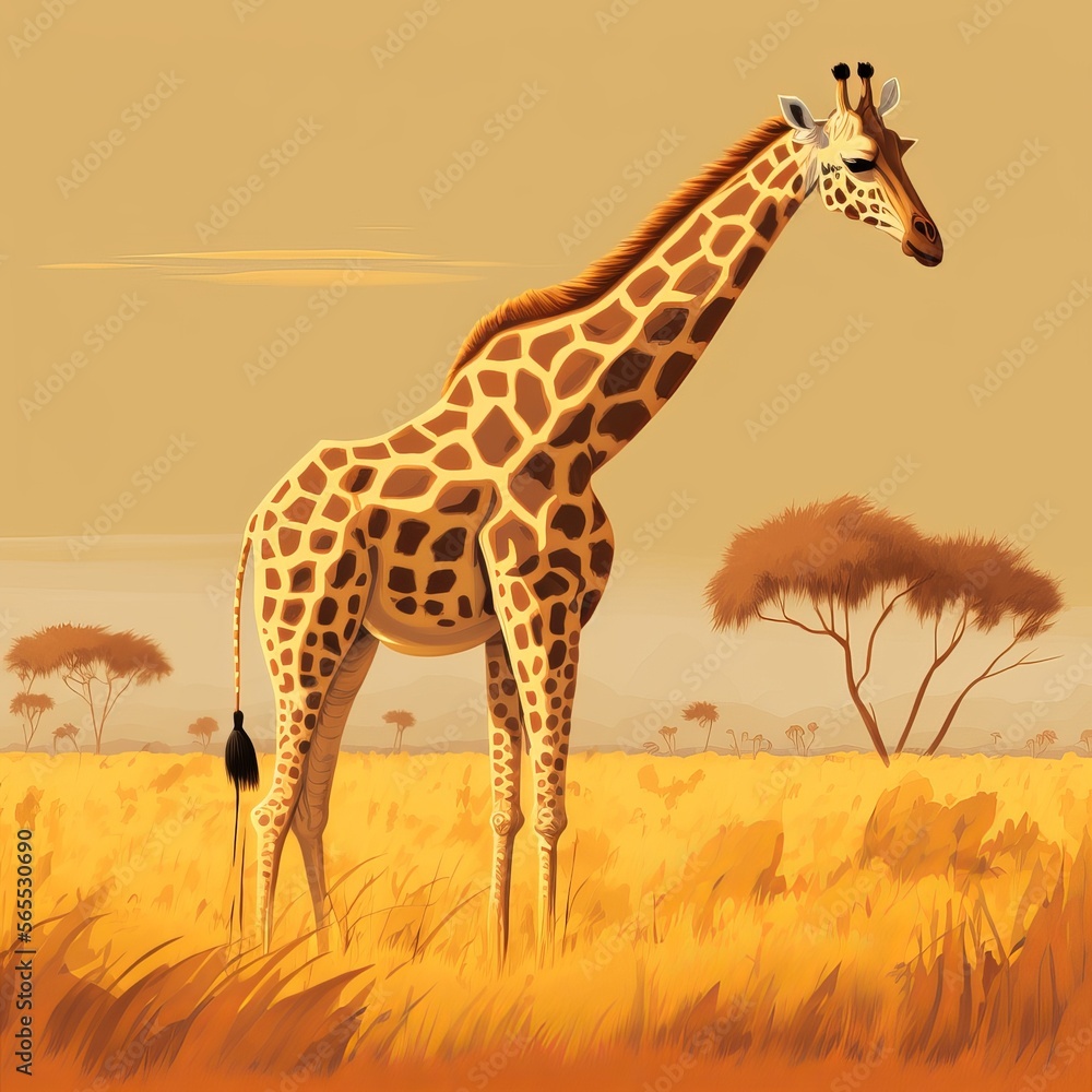 Obraz premium Giraffe in Savannah Cartoon Illustration (generative AI)