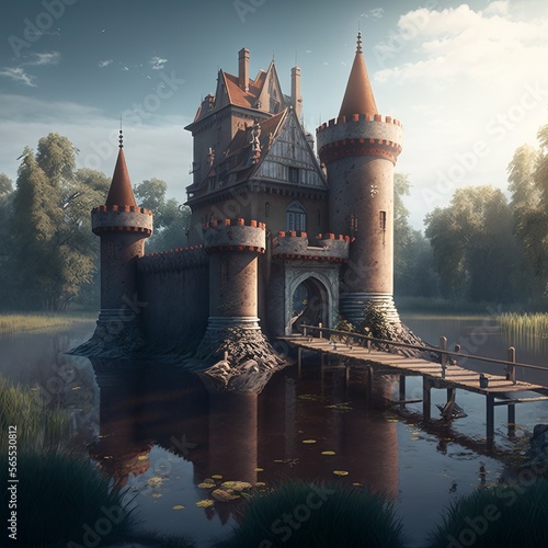 Castle with Moat and Drawbridge (generative AI)