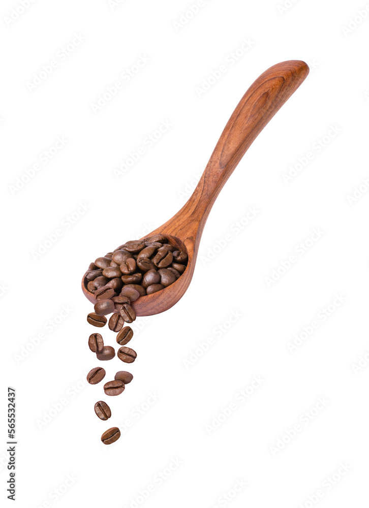 Fototapeta premium Roasted coffee beans falling from wooden spoon isolated on white background