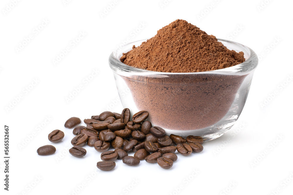 Roasted coffee beans with coffe powder (ground coffee) in glass bowl isolated on white background. Roasted coffee beans with coffe powder (ground coffee) in glass bowl isolated on white background.