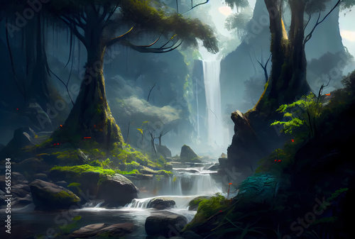 Digital painting of waterfall in the forest © Ozis
