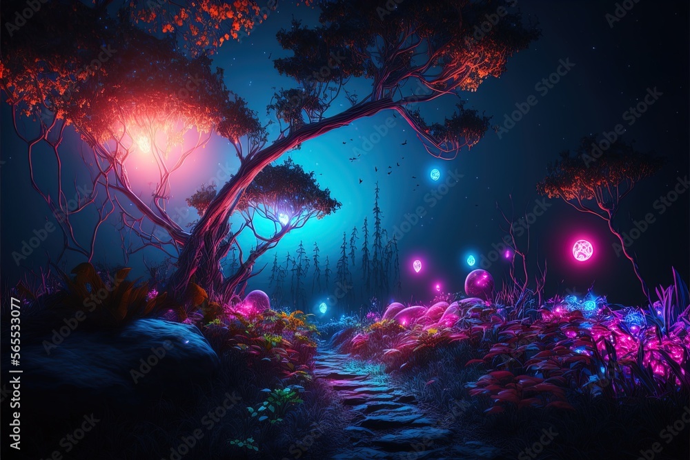Fototapeta premium Glowing Forest Night scene with butterflies. Illuminated Light in the trees and flowers. Beautiful fantasy Night forest scene. —generative AI digital illustration.
