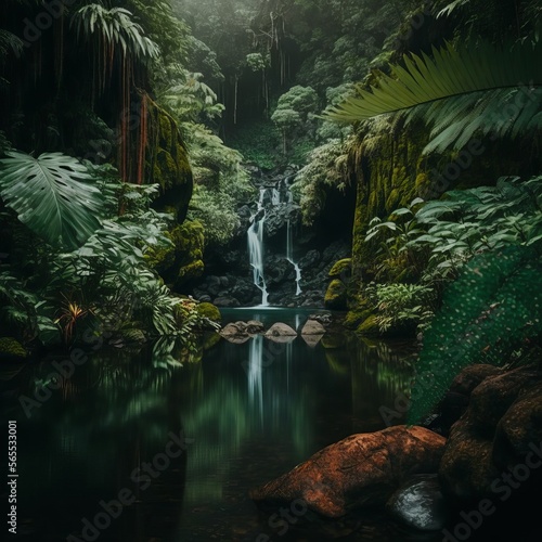 Picturesque Waterfall in Lush Greenery  generative AI 