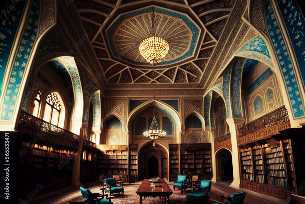 A Generative AI-generated representation of an Islamic library, symbolizing the progress of world civilization