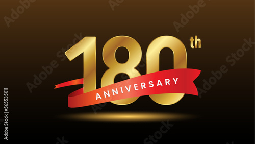 180th anniversary logo design with golden numbers and red ribbon. Logo Vector Template photo