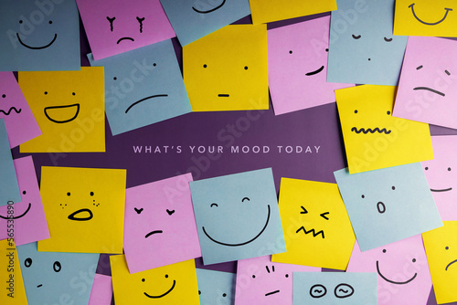 Mind, Mental Health Concept. Varieties of Mood and Emotion Inside Out. many Sticky Notes on Board with Handwriting Cartoon Emoticon Face photo
