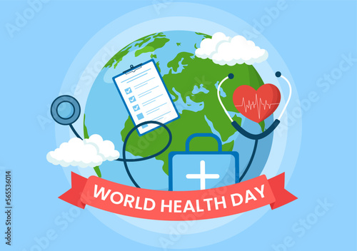 World Health Day on April 7th Illustration with Earth and HealthCare for Web Banner or Landing Page in Flat Cartoon Hand Drawn Templates