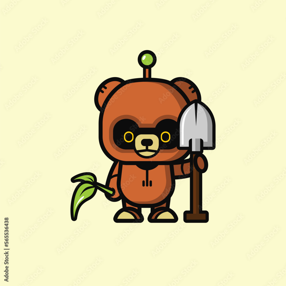 Bear robot holding a shovel and carrying a tree seed. Bear robot holding a shovel and carrying a tree seed.