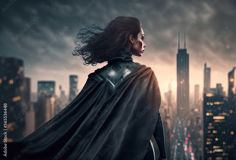 Super hero woman looking out over a city skyline. Generative ai Super hero woman looking out over a city skyline. Generative ai