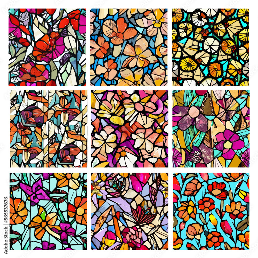 Set of stained glass patterns with flowers and leaves. Colorful vector backgrounds. Set of stained glass patterns with flowers and leaves. Colorful vector backgrounds.