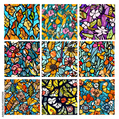 Set of stained glass patterns with flowers and leaves. Colorful vector backgrounds.