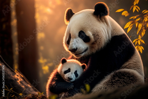 Beautiful panda with a baby panda happy together in Chinese park, realistic digital illustration. Generative AI