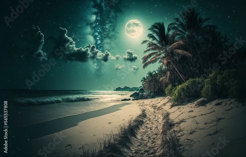 Beautiful landscape with tropical beach with the full moon 